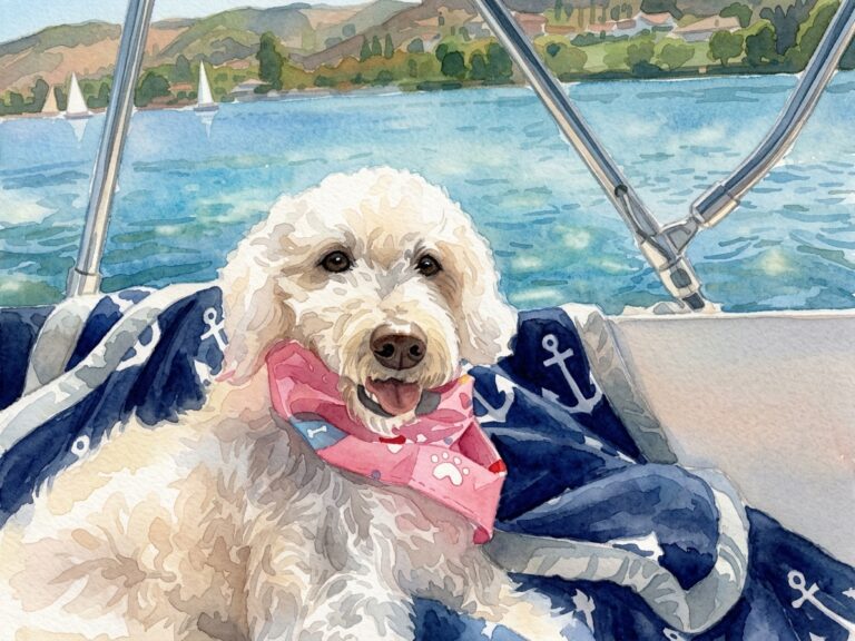 Watercolor of a white doodle wearing a pink neckerchief, sitting on an anchor-print blanket aboard a boat on a blue lake