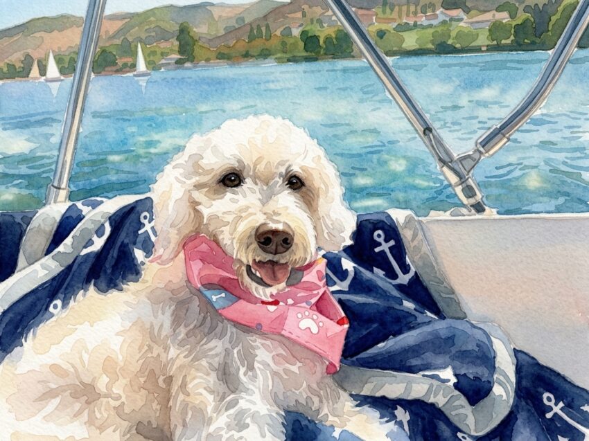 Watercolor of a white doodle wearing a pink neckerchief, sitting on an anchor-print blanket aboard a boat on a blue lake